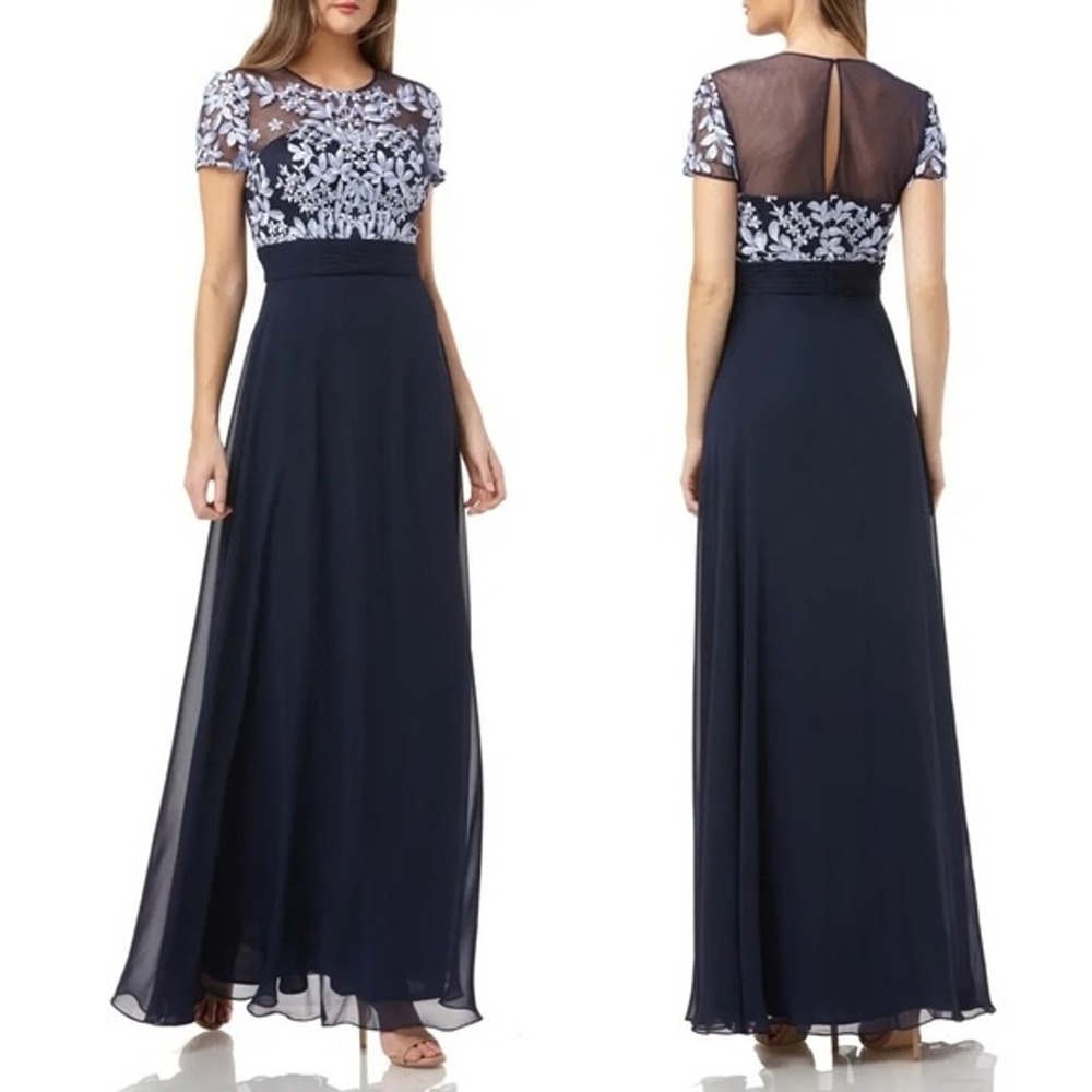 JS Collections Embroidered Illusion Bodice Chiffon Gown Periwinkle Navy - Size 6